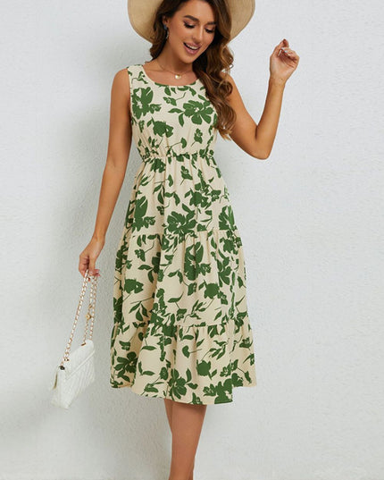 Floral Round Neck Tiered Sleeveless Dress