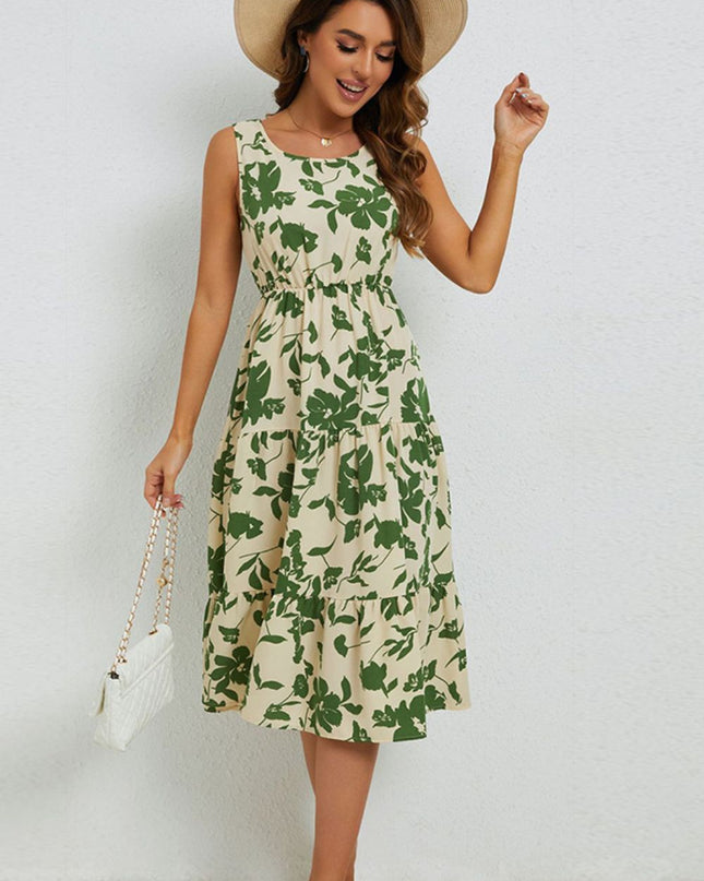 Floral Round Neck Tiered Sleeveless Dress