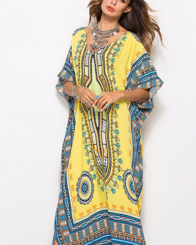 Printed V-Neck Side Slit Maxi Dress