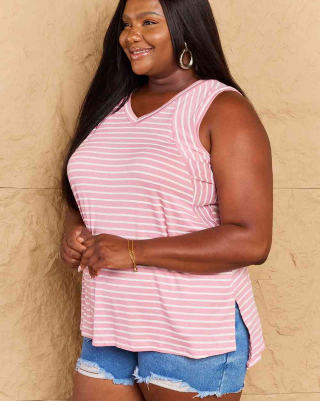 Doublju Talk To Me Full Size Striped Sleeveless V-Neck Top