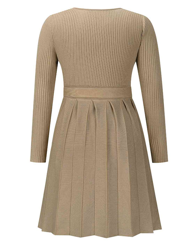 Surplice Neck Tie Front Pleated Sweater Dress