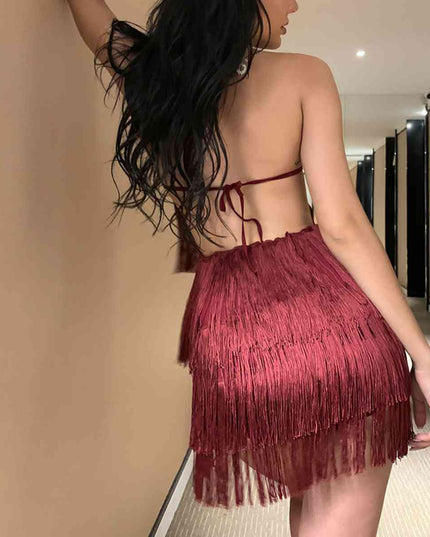 Fringed Halter Neck Tied Back Mini Dress