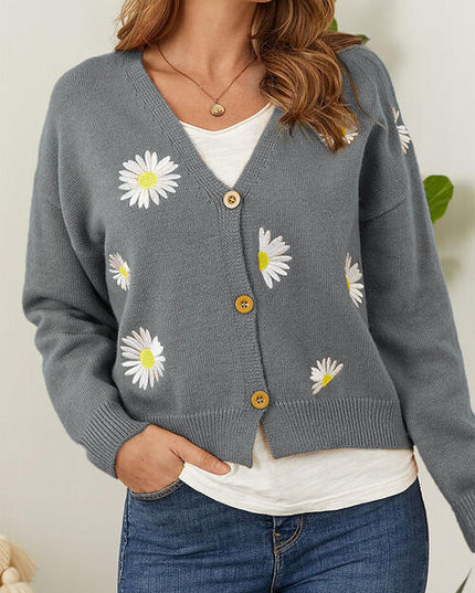 Flower Button Front Dropped Shoulder Cardigan