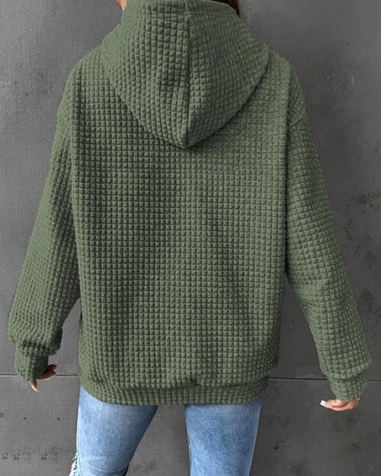 Full Size WHAT Graphic Waffle-Knit Long Sleeve Drawstring Hoodie