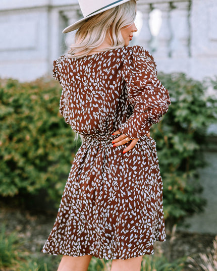Printed Balloon Sleeve V-Neck Dress