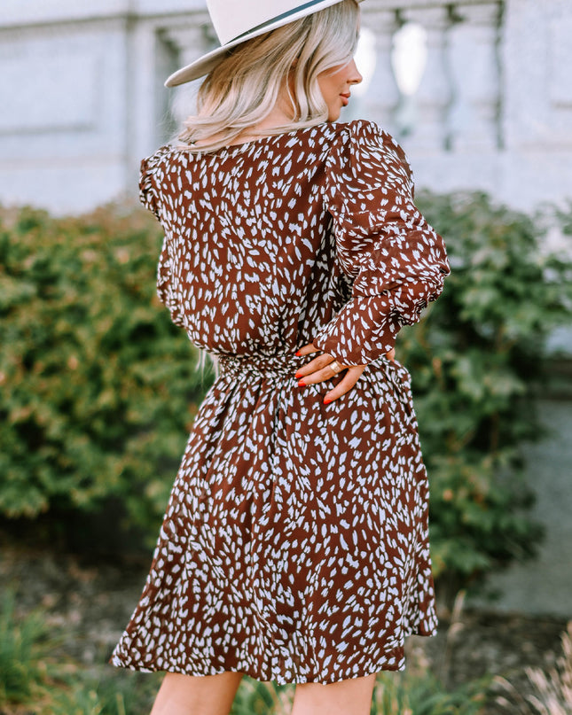 Printed Balloon Sleeve V-Neck Dress