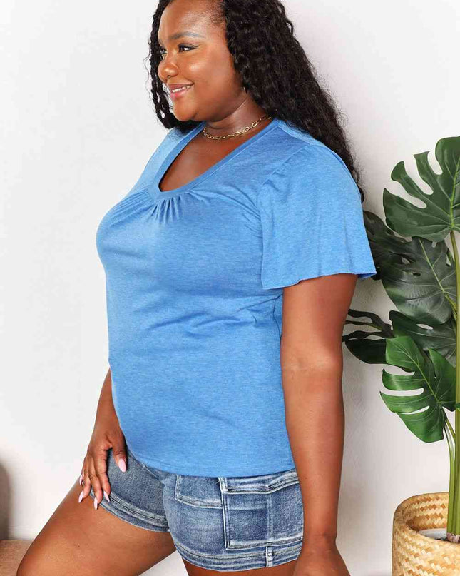 Double Take Ruched V-Neck Short Sleeve T-Shirt