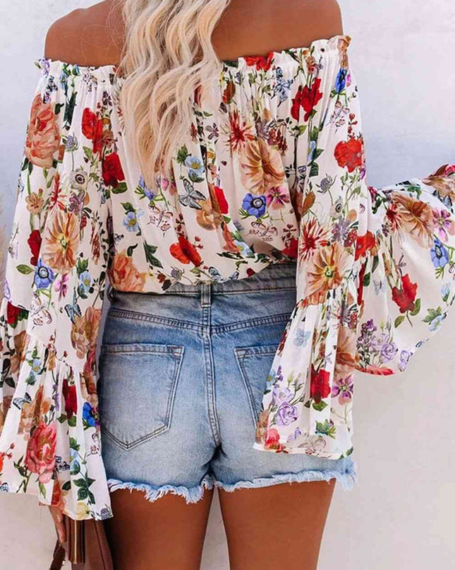 Printed Off Shoulder Flare Sleeve Blouse