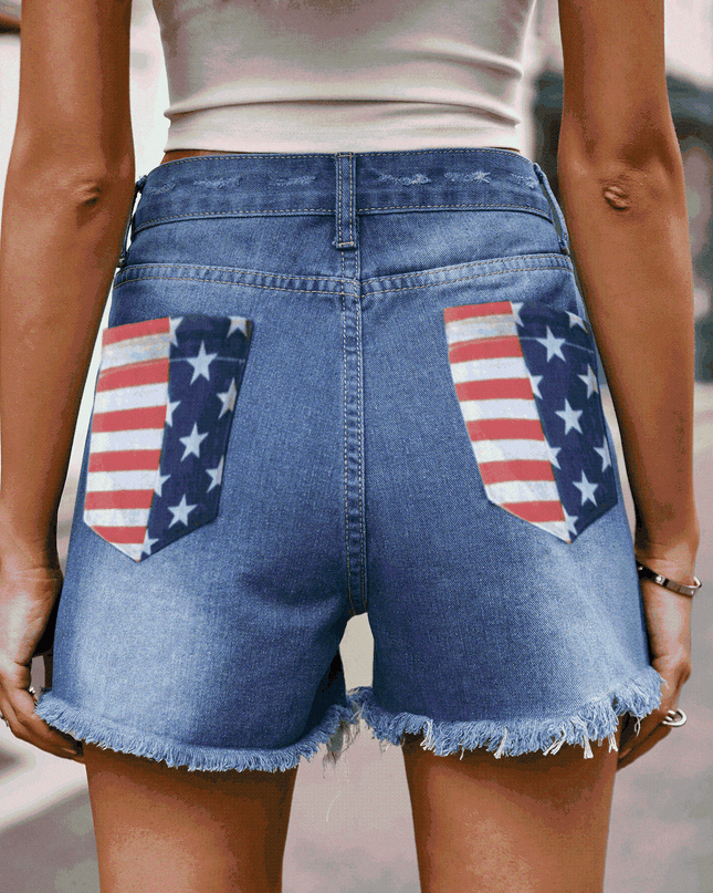 US Flag Distressed Denim Shorts