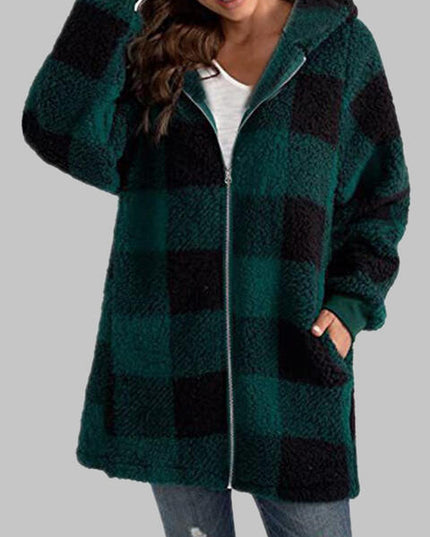 Plaid Zip-Up Hooded Jacket with Pockets