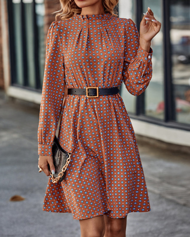 Printed Ruched Mock Neck Long Sleeve Dress