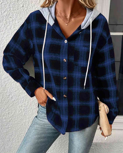 Plaid Drawstring Button Up Hooded Jacket