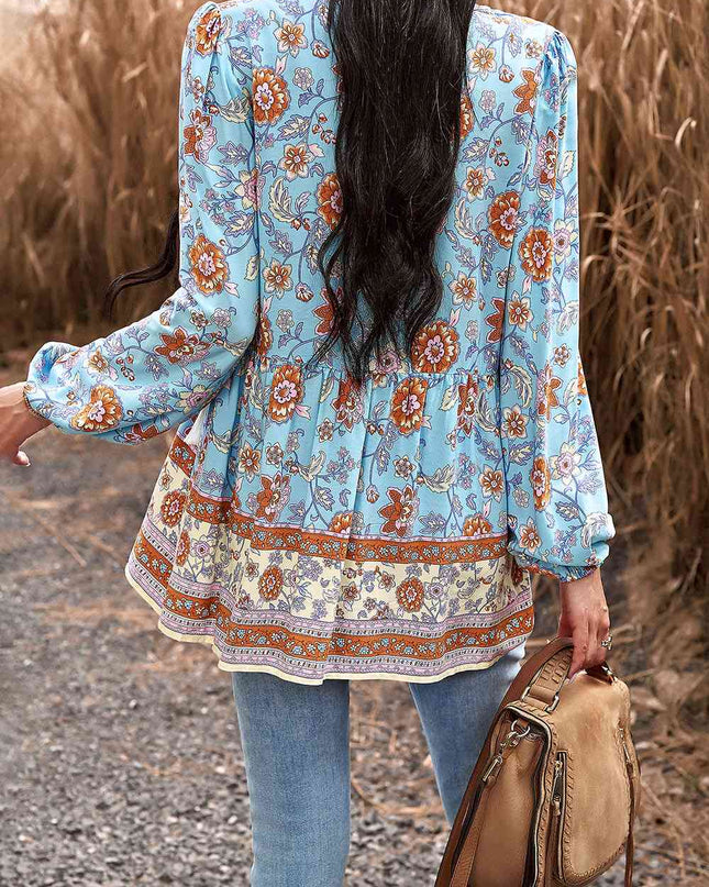 Tassel Tie Long Sleeve Peplum Blouse