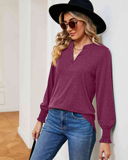 Notched Neck Long Sleeve Blouse