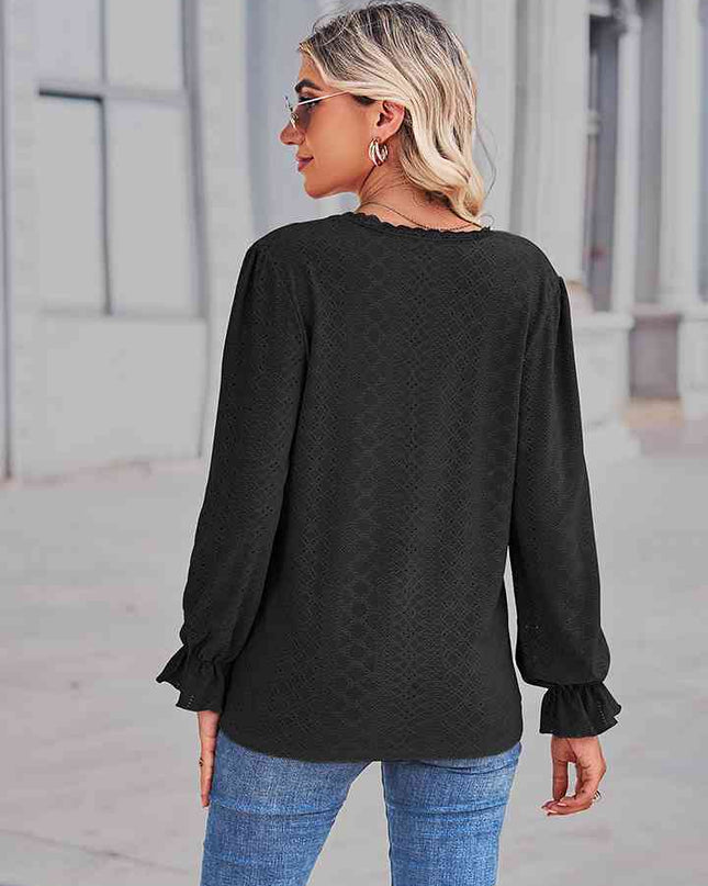 Eyelet V-Neck Flounce Sleeve Blouse