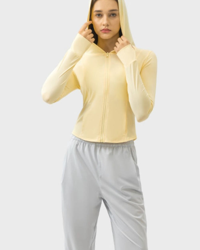 Pocketed Zip Up Hooded Long Sleeve Active Outerwear