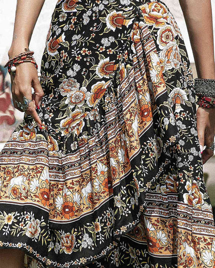 Printed High-Low Ruffle Hem Skirt