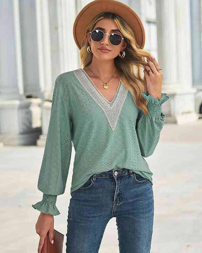 V-Neck Eyelet Flounce Sleeve Blouse