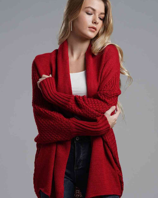 Double Take Dolman Sleeve Open Front Ribbed Trim Longline Cardigan