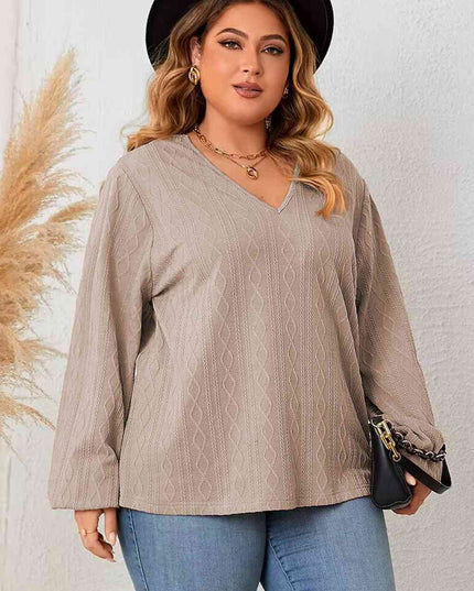 Plus Size Lace Detail V-Neck Long Sleeve Blouse