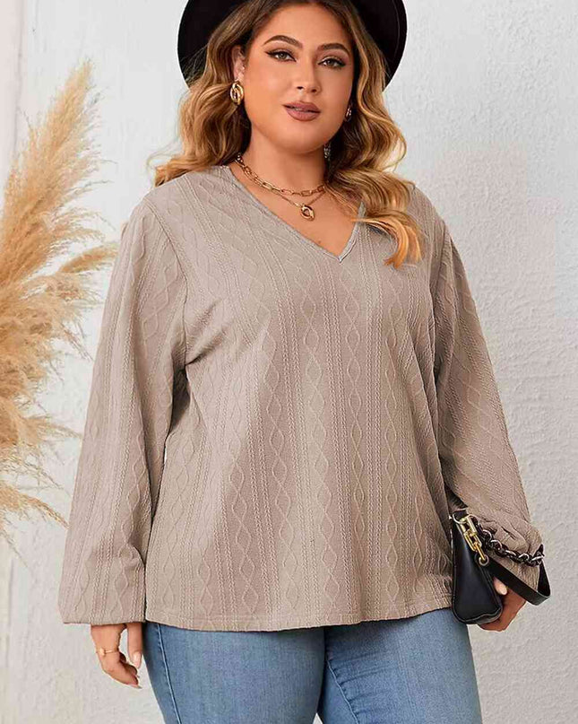 Plus Size Lace Detail V-Neck Long Sleeve Blouse