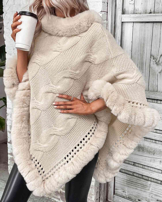 Faux Fur Trim Cable-Knit Poncho