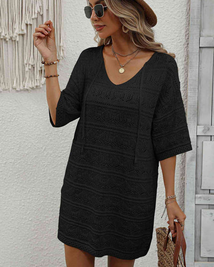 Openwork V-Neck Mini Knit Dress