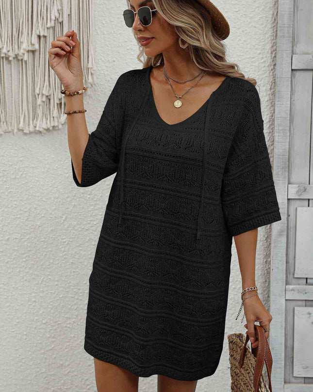 Openwork V-Neck Mini Knit Dress