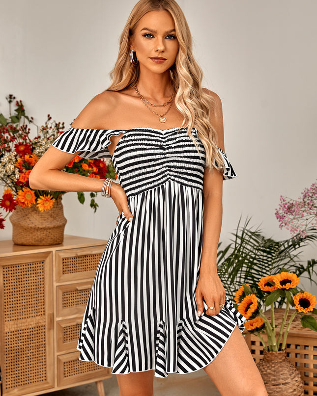 Striped Smocked Ruffle-Shoulder Sleeveless Dress
