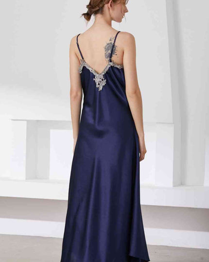 Full Size Lace Trim V-Neck Spaghetti Strap Satin Night Dress