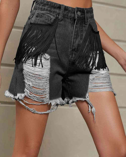 Fringe Trim Distressed Denim Shorts with Pockets