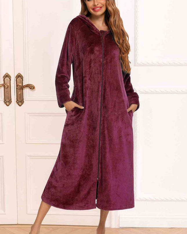 Zip Front Hooded Night Dress with Pockets
