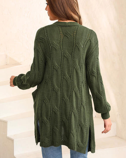 Cable-Knit Dropped Shoulder Slit Cardigan
