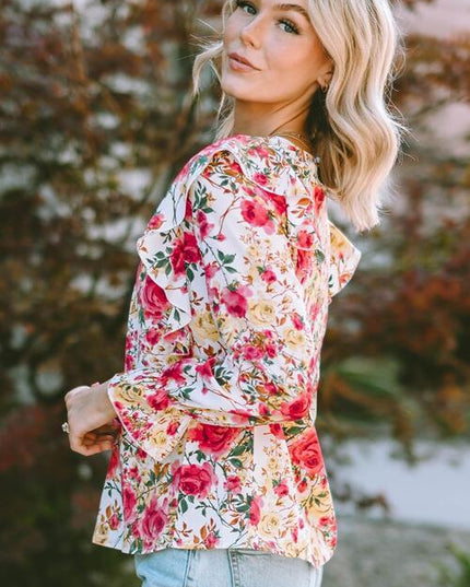 Floral Round Neck Smocked Blouse