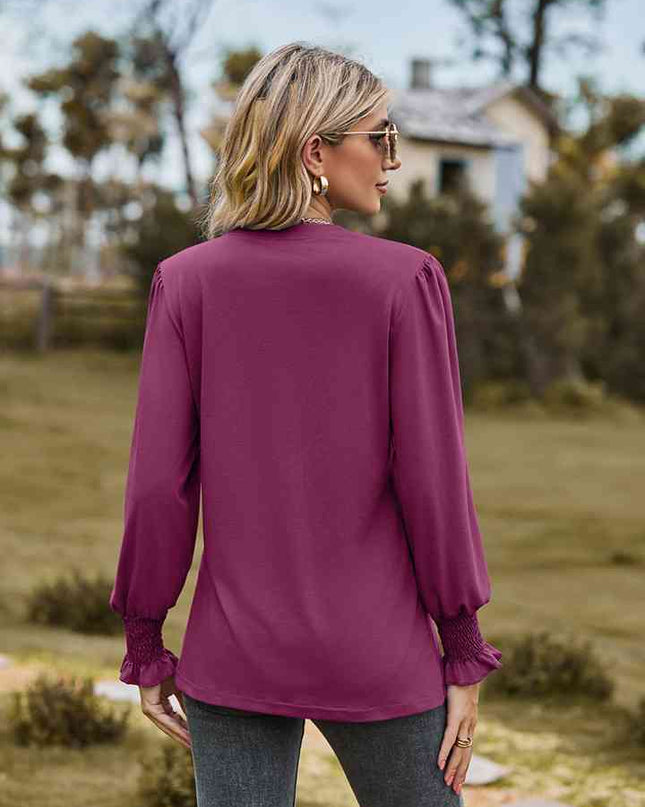 Notched Neck Flounce Sleeve Blouse
