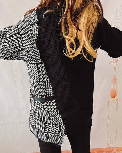 Houndstooth Turtleneck Long Sleeve Slit Sweater