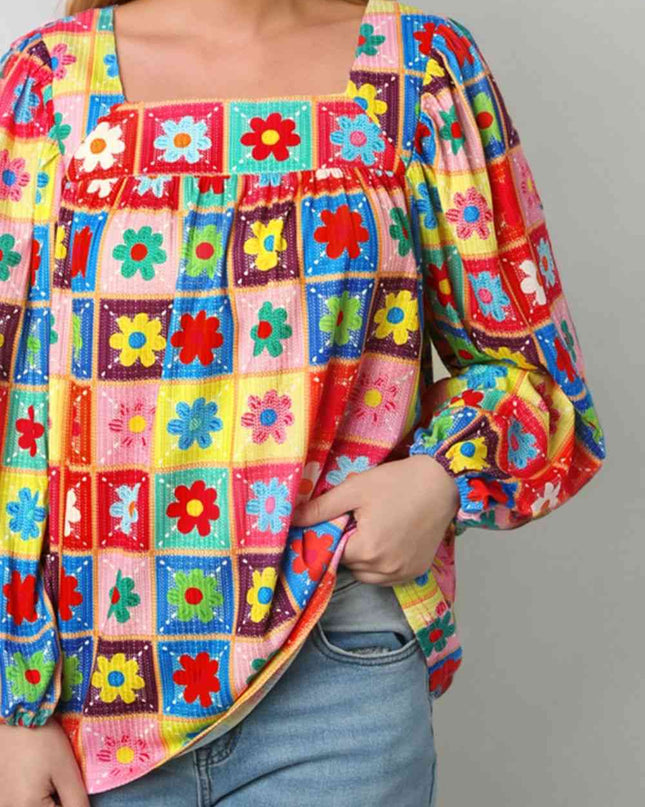 Printed Square Neck Balloon Sleeve Top