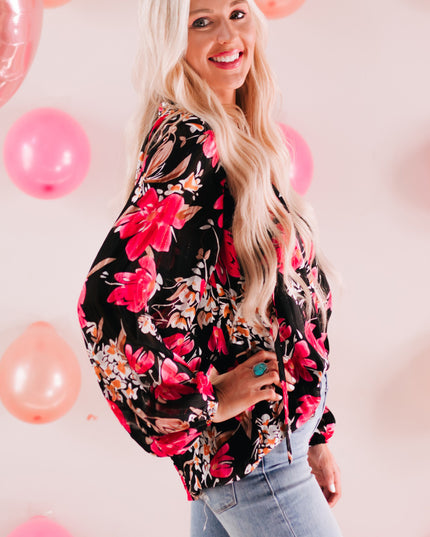 Floral V-Neck Balloon Sleeve Blouse