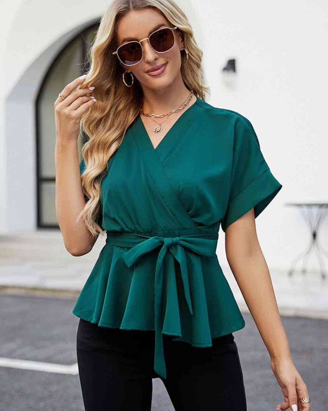 Surplice Neck Short Sleeve Front Tie Ruffle Hem Blouse