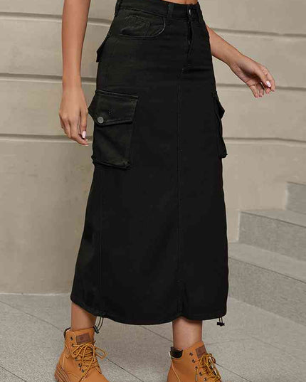 Drawstring Denim Skirt with Pockets