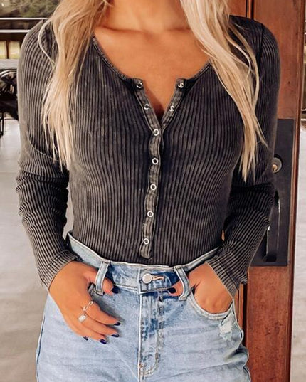 Mineral Wash Ribbed Snap Buttons Long Sleeve Bodysuit