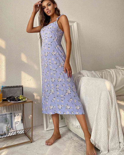 Printed Tie Shoulder Midi Night Dress