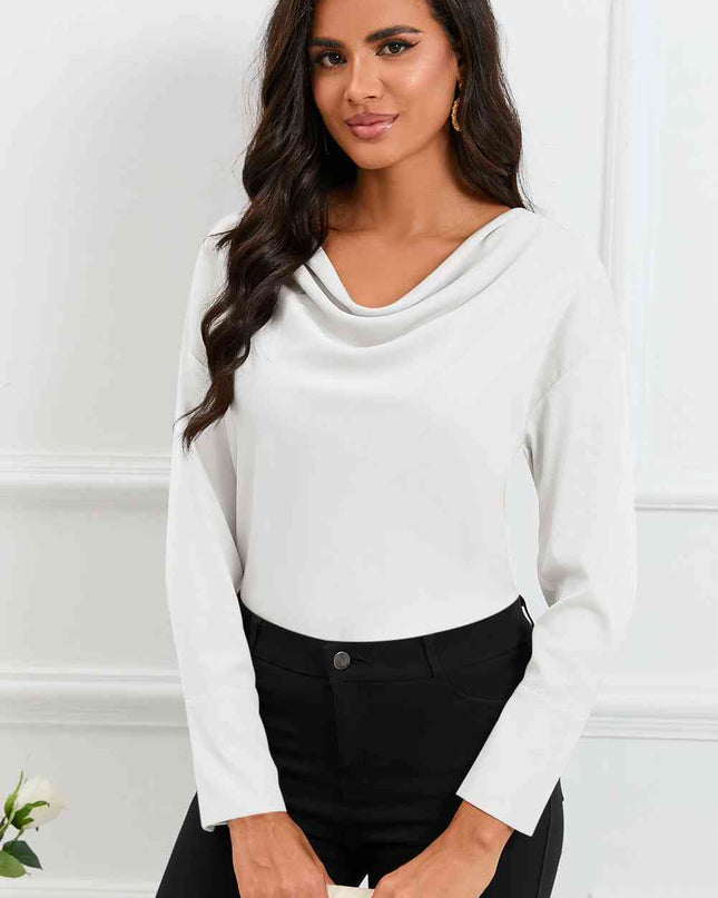 Cowl Neck Dropped Shoulder Long Sleeve Back Tie Blouse