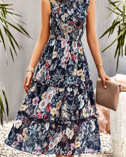 Frill Trim Smocked Sleeveless Midi Dress