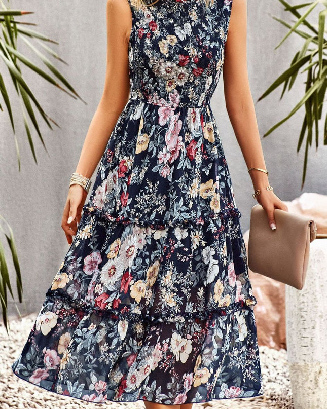 Frill Trim Smocked Sleeveless Midi Dress