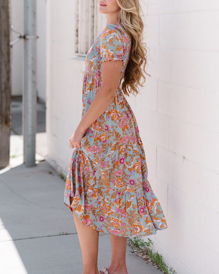 Floral Flounce Sleeve Round Neck Midi Dress
