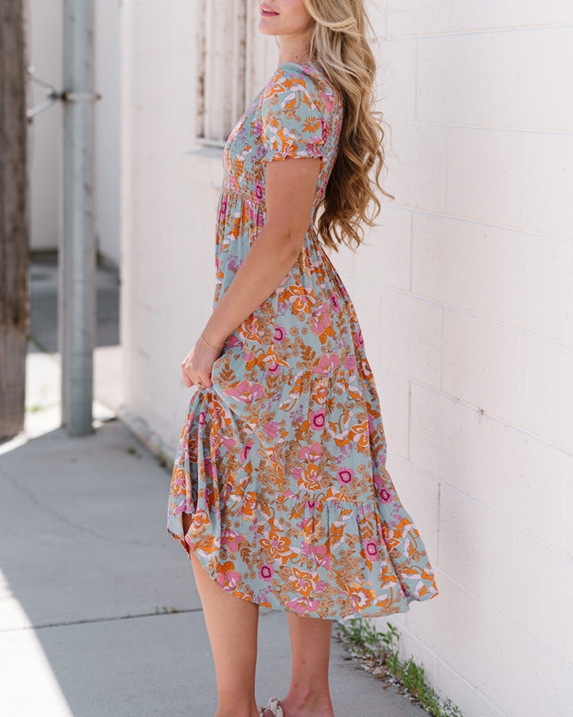 Floral Flounce Sleeve Round Neck Midi Dress