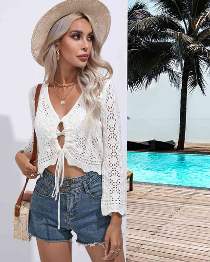 Drawstring V-Neck Long Sleeve Cover Up