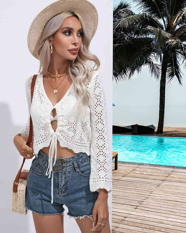 Drawstring V-Neck Long Sleeve Cover Up