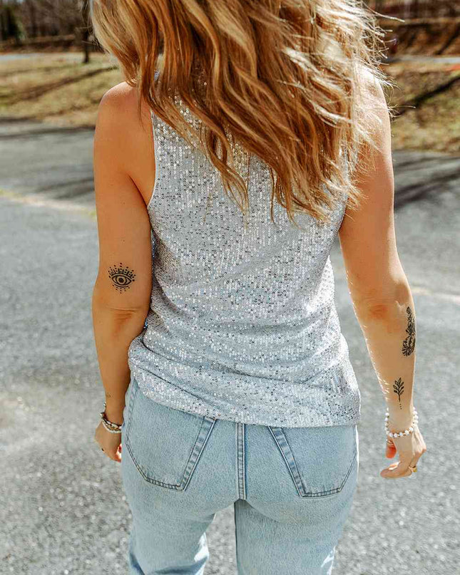 Sequin Button Front V-Neck Tank